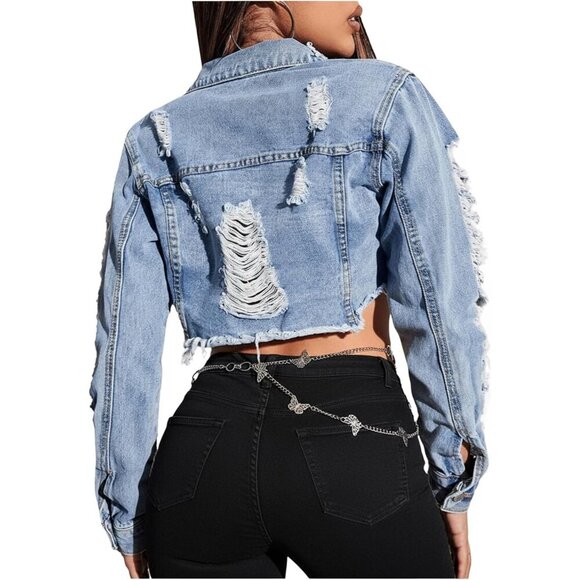 Women's Ripped Cropped Denim Jacket Long Sleeve Frayed Distressed